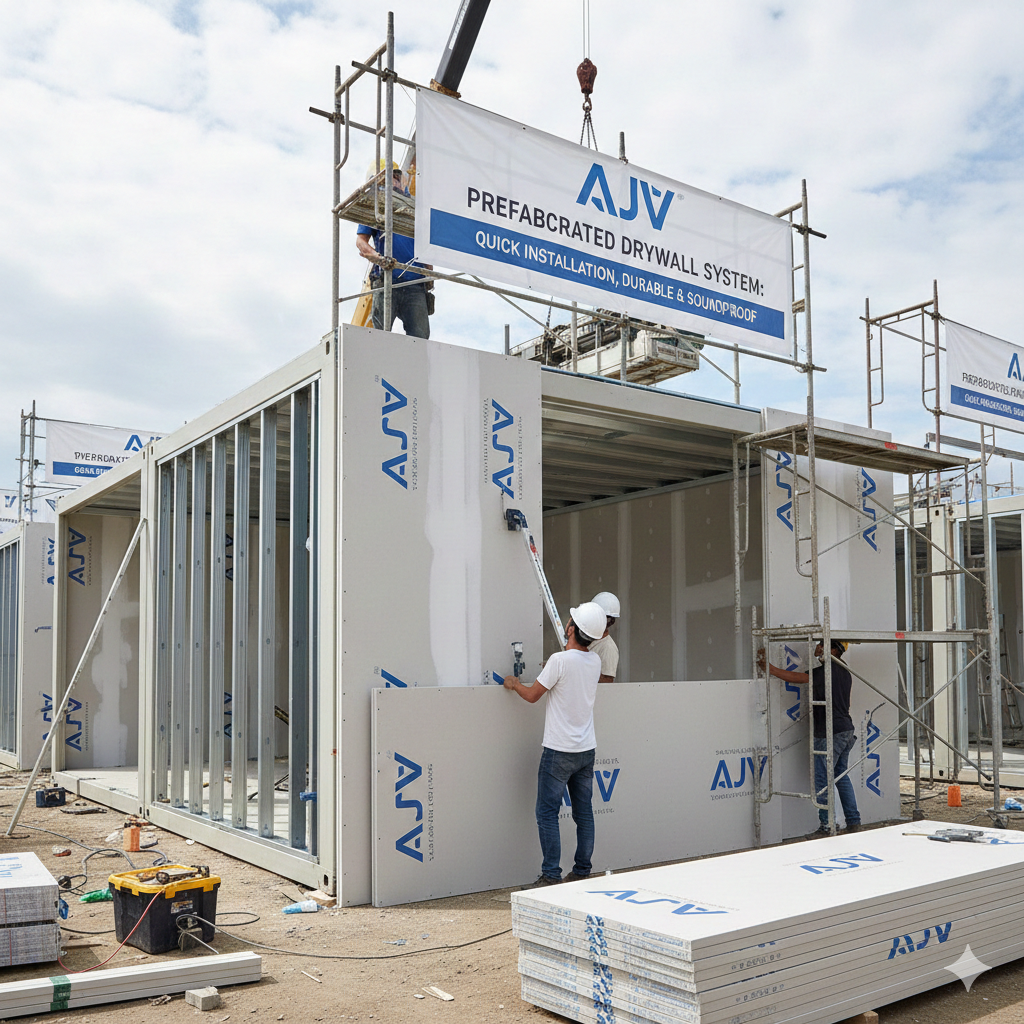 سیستم درای‌وال پیش‌ساخته AJV در ساختمان‌های قابل جابه‌جایی: نصب سریع، مقاوم و عایق صوتی
